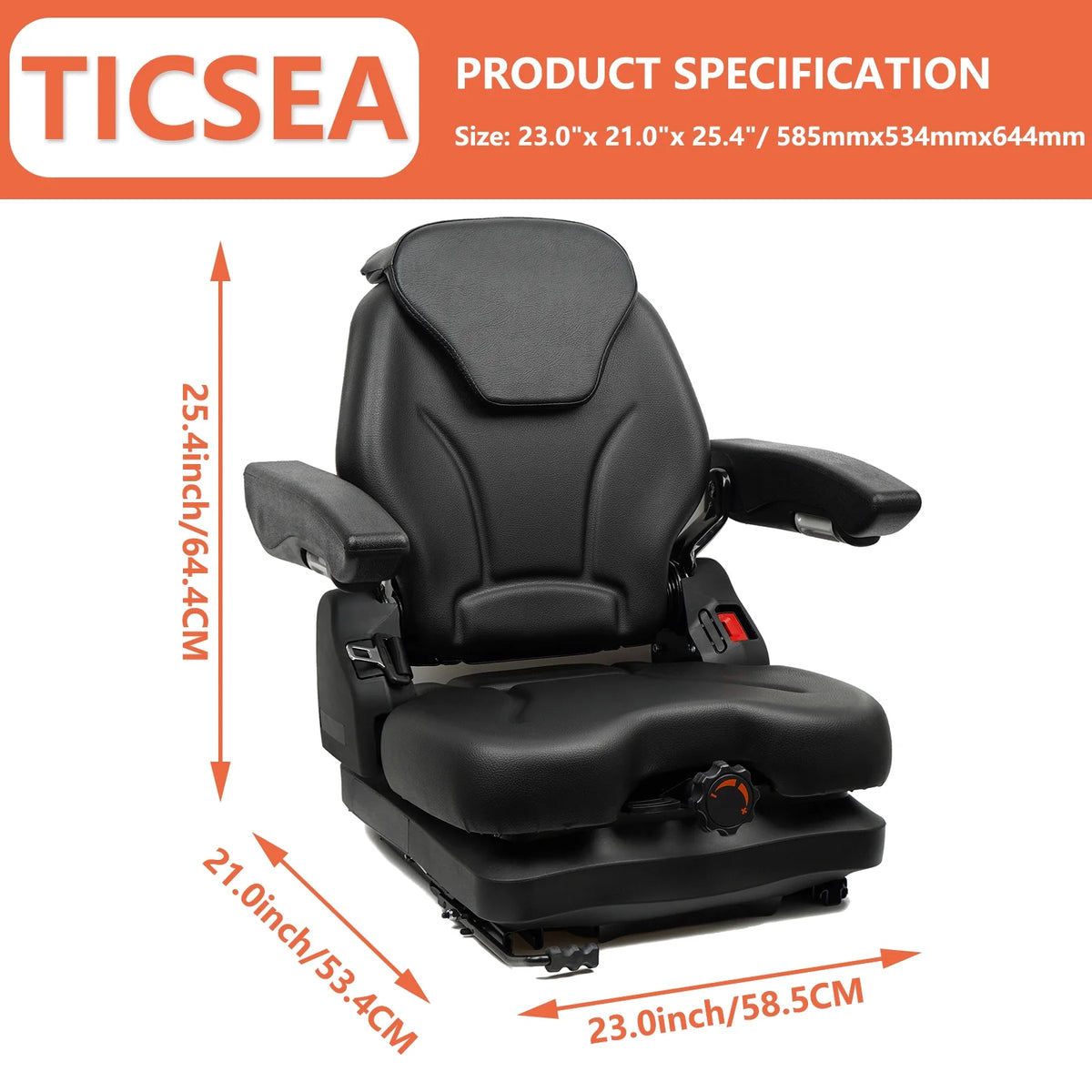 Siège de tracteur TICSEA à dossier haut et suspension basse, siège de chariot élévateur avec dossier et appuie-tête réglables et rails coulissants, accoudoirs réglables, amortisseur, robuste, pour pelleteuse et récolteuse