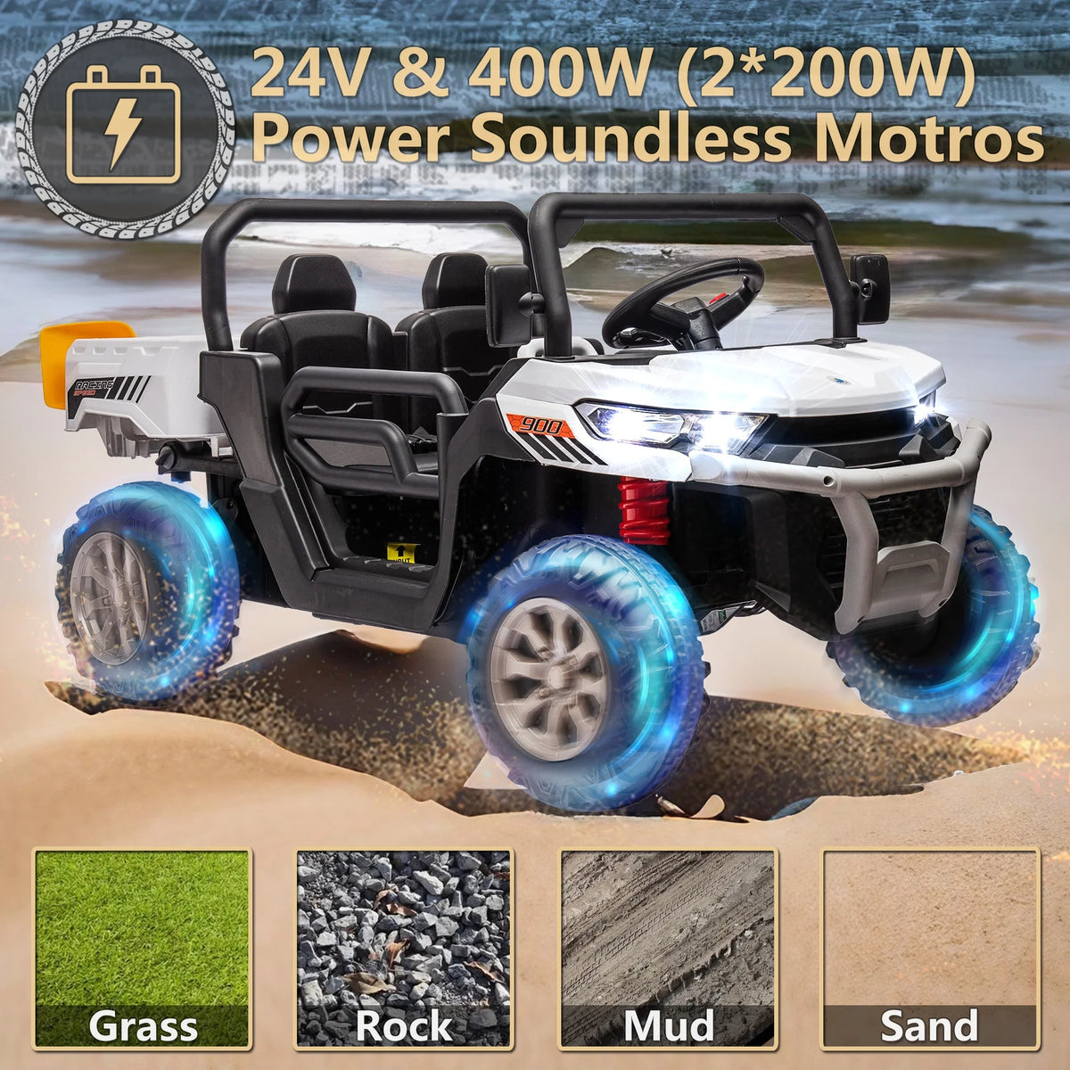 Xuanlur Voiture électrique pour enfants 24V 2 places, UTV avec moteur 2x200W, Jouet électrique 24 volts avec benne/pelle, Voiture électrique pour enfants avec pneus résistants, lumière LED, musique, télécommande, noire