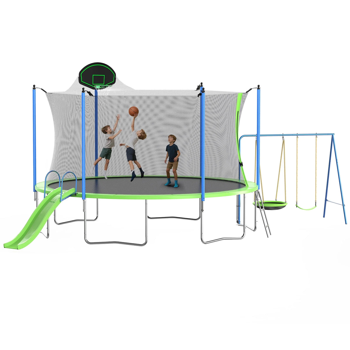 Trampoline de 12 pieds avec toboggan, balançoires, trampoline récréatif SEGMART avec panier de basket et échelle, trampoline d’extérieur robuste pour jardin avec filet pour enfants et adultes, vert