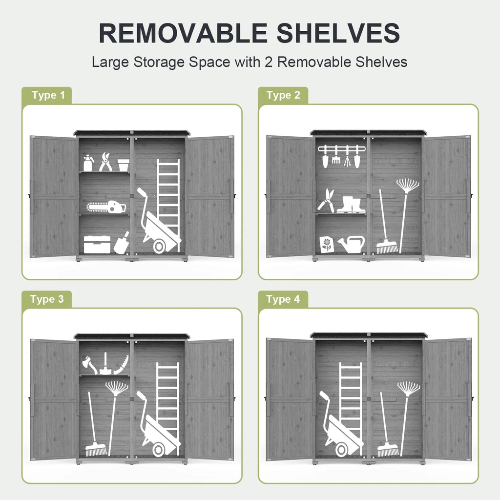 Abri de rangement extérieur large Aiho 55 avec portes doubles verrouillables - Abri de jardin résistant aux intempéries pour terrasse, jardin et pelouse, gris