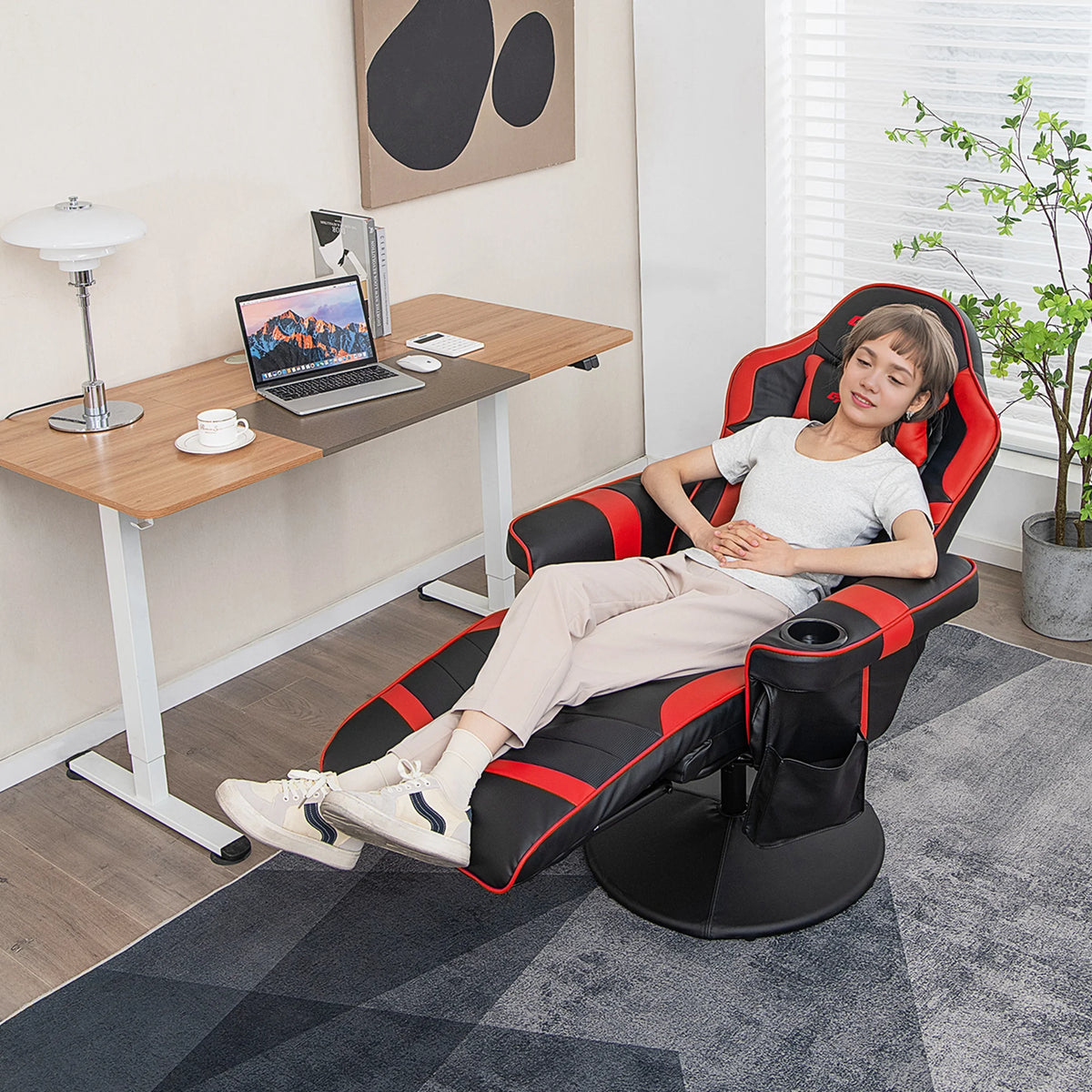 Fauteuil gaming inclinable Goplus avec massage, réglable en hauteur, pivotant, style racing, avec porte-gobelet, rouge