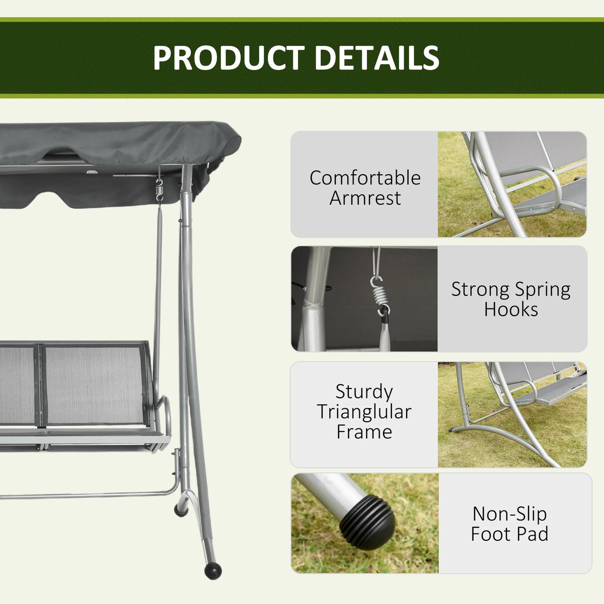 Balancelle de jardin Outsunny pour 3 personnes, balancelle de terrasse avec support et auvent réglable, banc-balancelle d'extérieur robuste pour adultes, noir