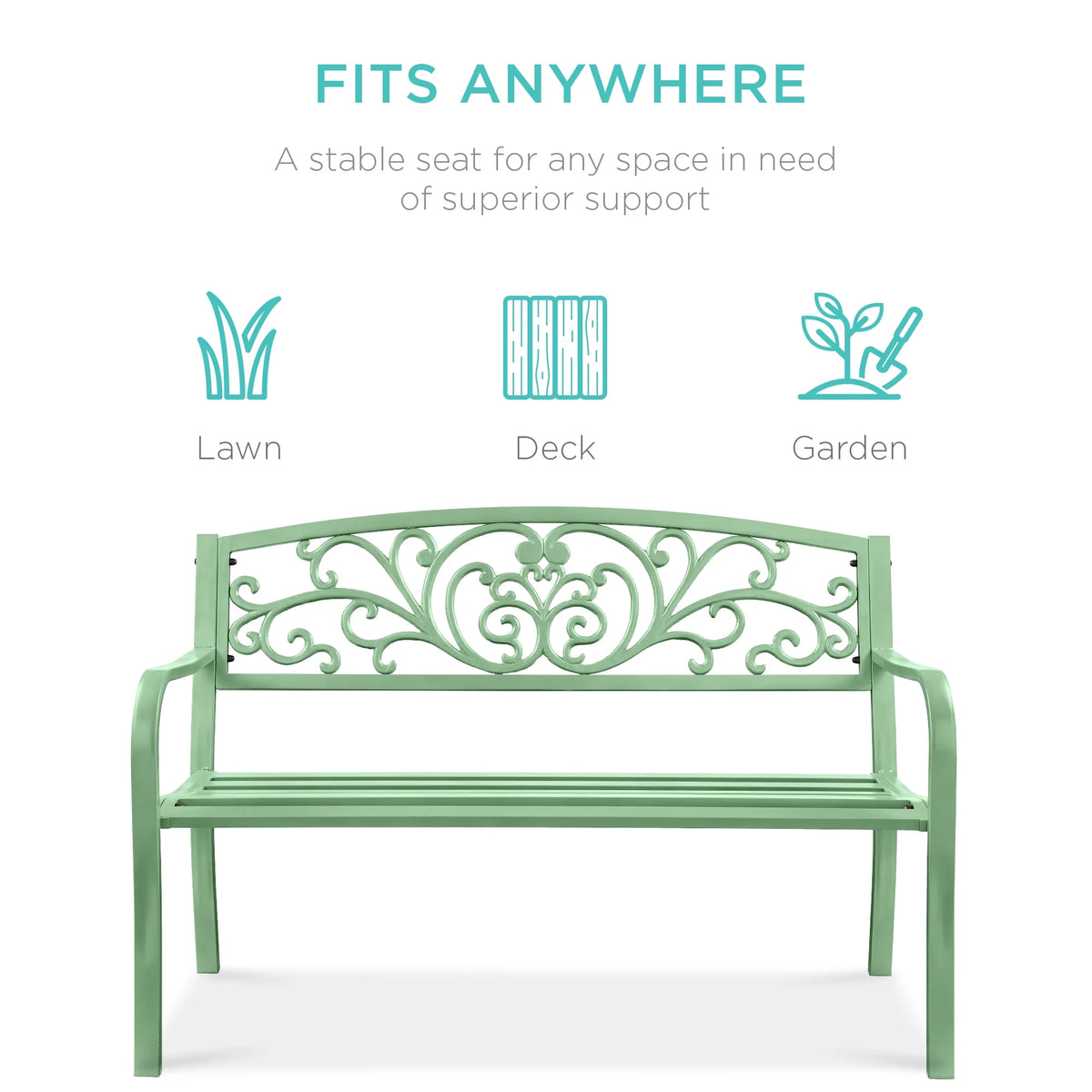 Best Choice Products Banc en Acier d'Extérieur Jardin Patio Porche Meuble avec Dossier à Motif Floral - Noir