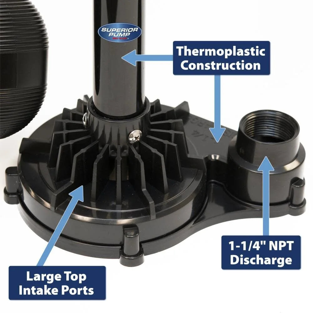 Superior Pump 92333 Pompe de puisard utilitaire polyvalente, 120 V, 0,33 ch, Sortie de 1-1/4 po, 50 gal/min, Thermoplastique - Noir
