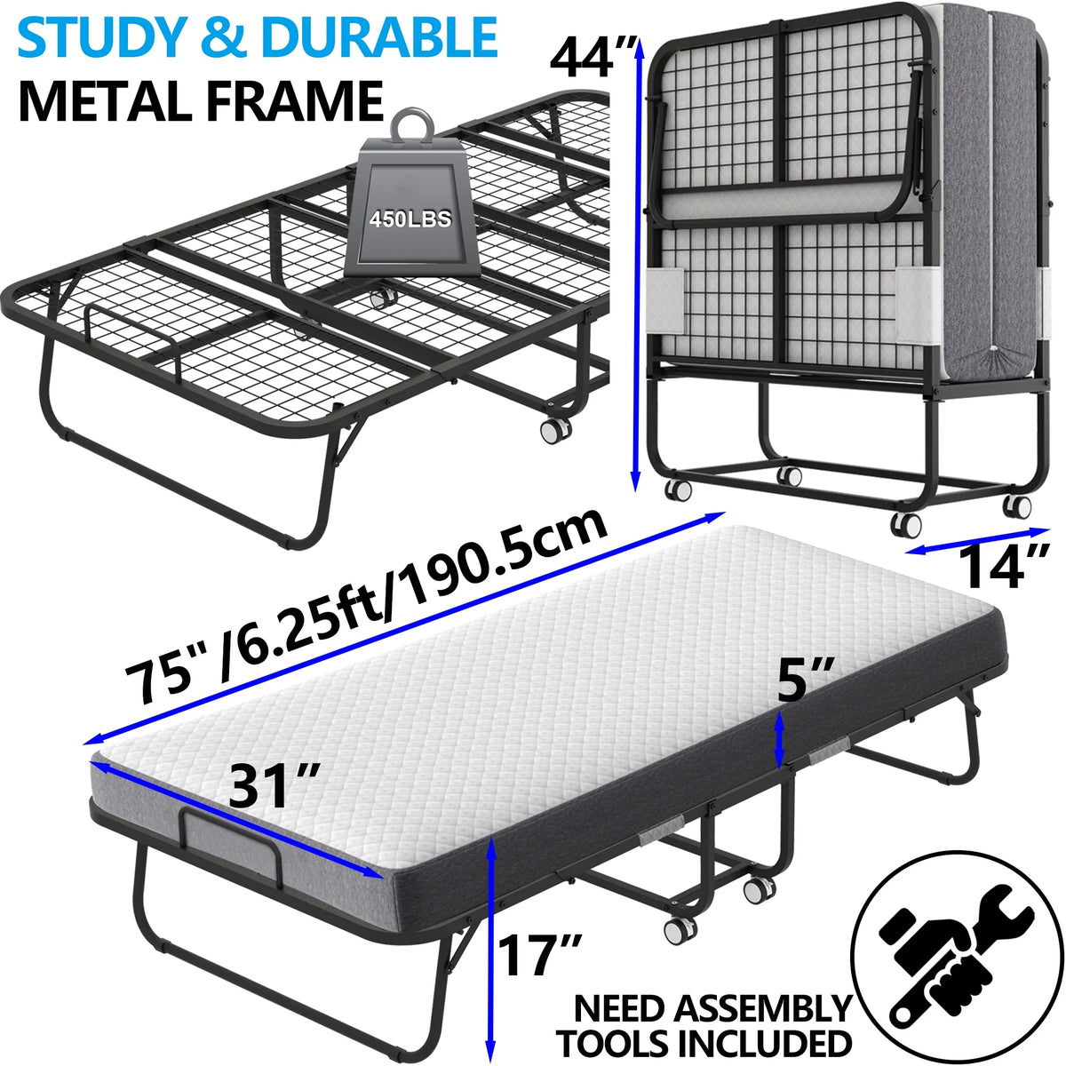 Lit pliant avec matelas 75 x 31 format lit de camp Lit plié, lit d'appoint sur roulettes portable et pliable lit supplémentaire pour adultes lit de repos avec matelas en mousse à mémoire de forme 5 cadre en grille métallique robuste peu encombrant