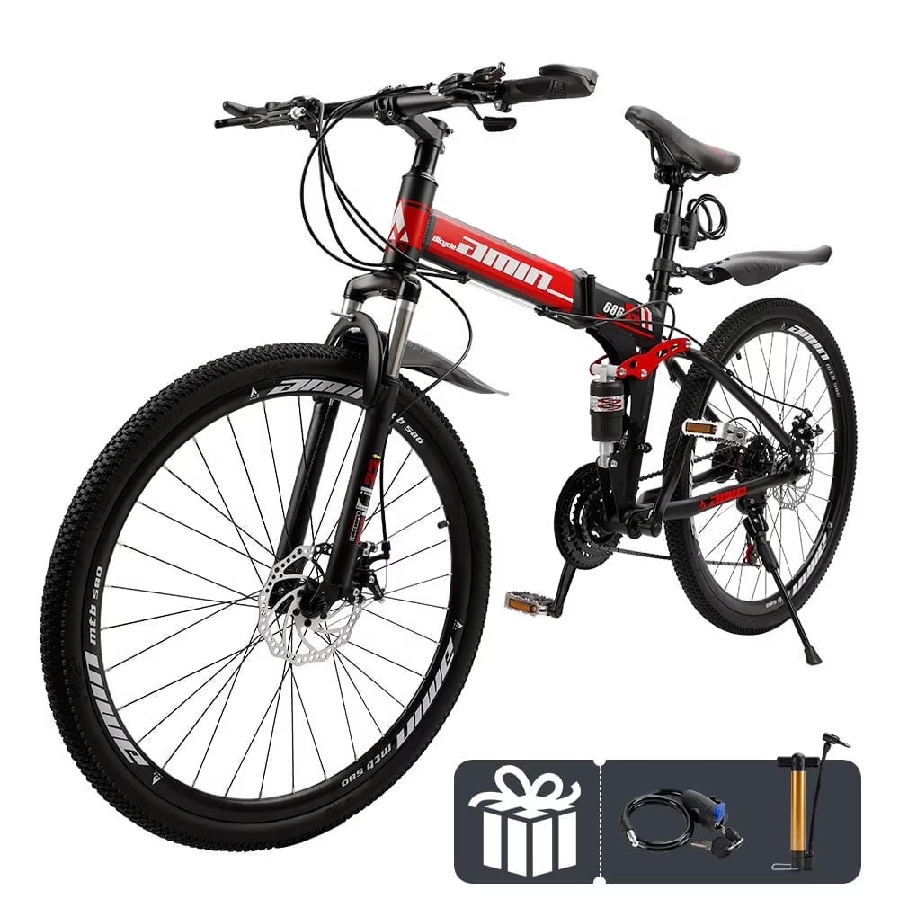 VTT pliant Artudatech 26 pouces Shimano 21 vitesses double frein à disque - Adulte - Rouge