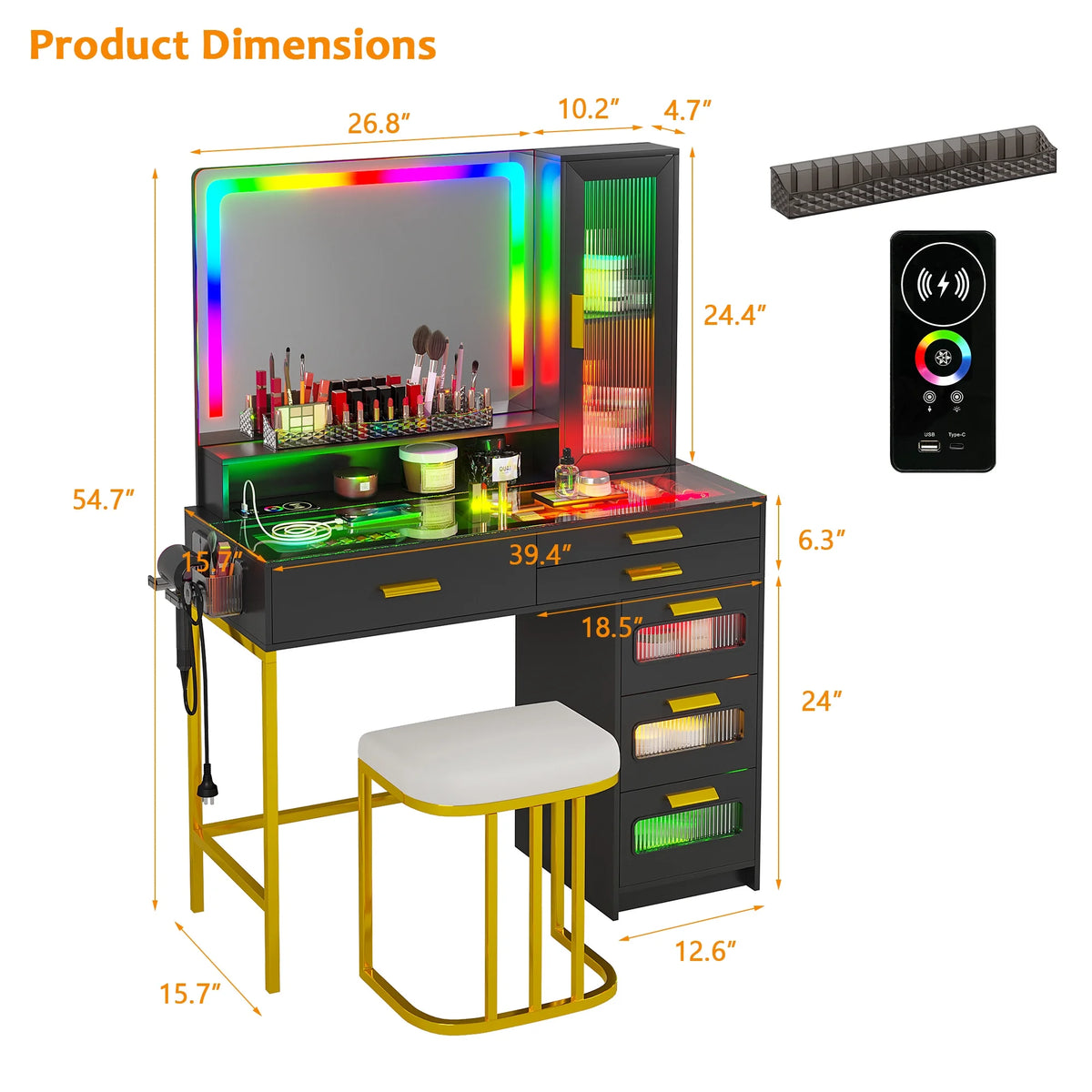 Coiffeuse HNEBC avec miroir et éclairage RGB, coiffeuse de maquillage avec plateau en verre, éclairage à détecteur automatique et charge sans fil, ensemble de coiffeuse avec tabouret rembourré, coiffeuse avec 6 tiroirs (blanc)