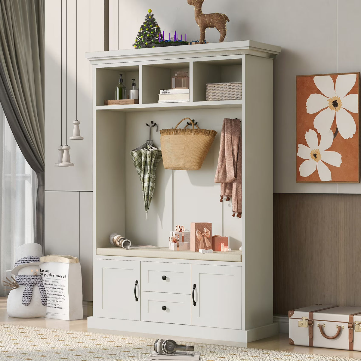 Vestiaire d’entrée avec banc rembourré et patères, banc d’entrée avec 3 crochets, 3 étagères ouvertes, 2 tiroirs et placards de rangement, banc de vestibule avec rangements et crochets pour entrée, vestibule ou couloir (beige)