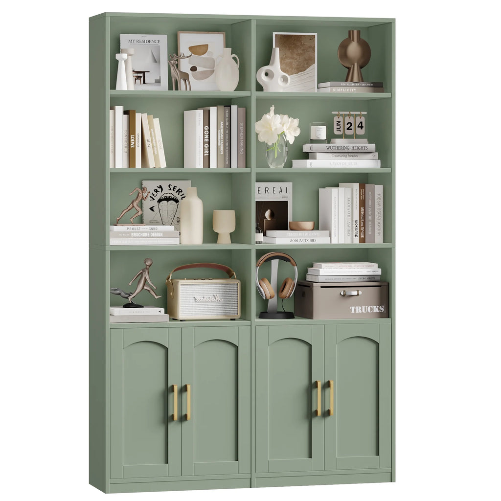 Bibliothèque haute Homfa 73 avec portes, 8 compartiments, 6 niveaux, double rangée, blanche, pour salon et bureau à domicile