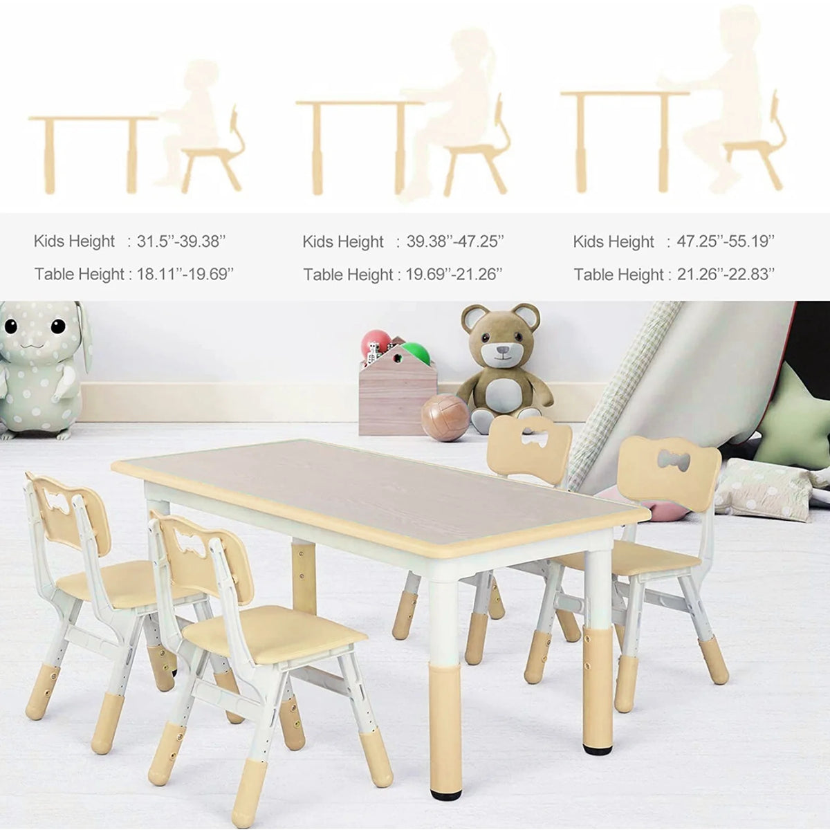 Ensemble table et 4 chaises pour enfants LAZY BUDDY, bureau réglable en hauteur pour tout-petits avec plateau graffiti, ensemble de table d’activités pour enfants pour crèche et maison
