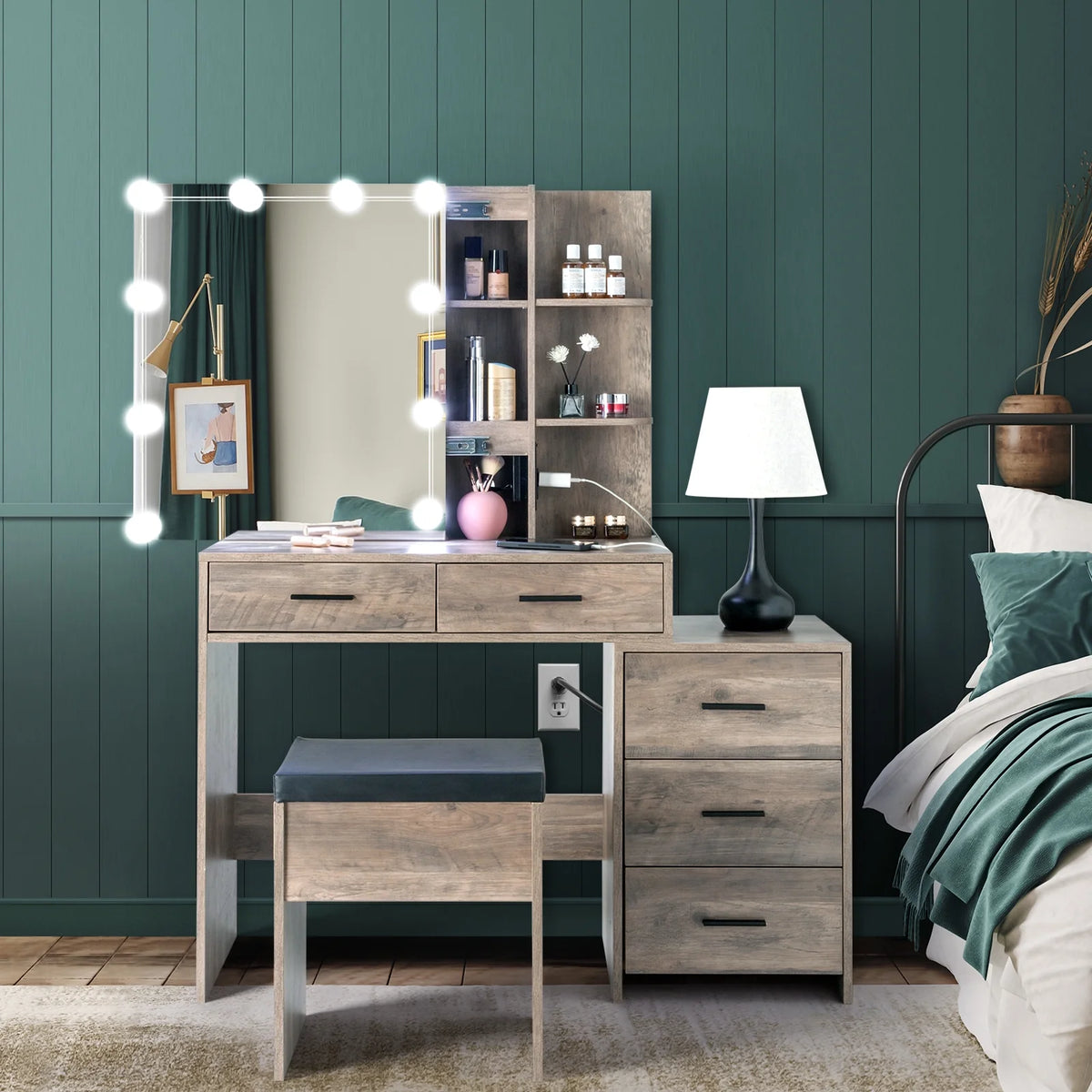Coiffeuse Ktaxon avec miroir éclairé à 3 couleurs & station de charge, table de maquillage avec 3 étagères de rangement & tiroirs, bureau de toilette avec tabouret, gris rétro
