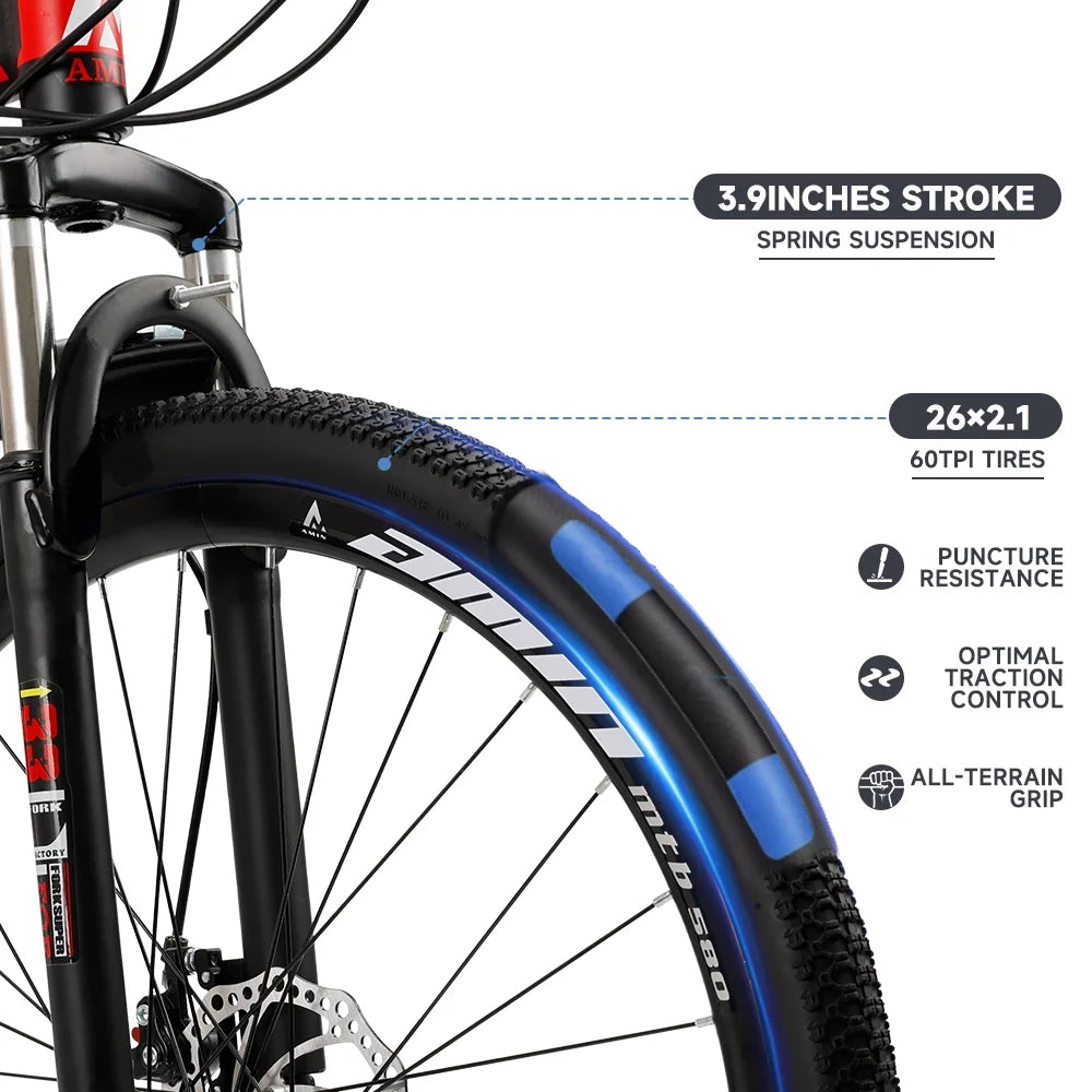 VTT pliant Artudatech 26 pouces Shimano 21 vitesses double frein à disque - Adulte - Rouge