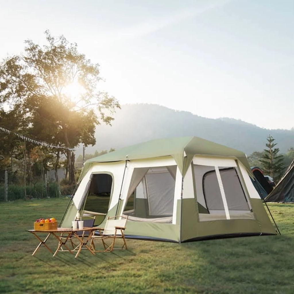 Tente cabane instantanée pour 10 personnes, tente de camping familiale imperméable et ventilée avec double toit, poches de rangement, vert militaire