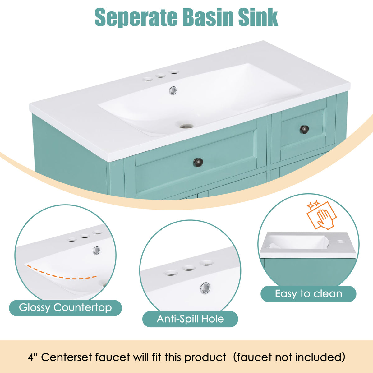 Meuble-lavabo de salle de bains Harper & Bright Designs 30 avec lavabo, armoire de salle de bains avec plateau en céramique, portes et tiroir de rangement multifonctionnels, vert