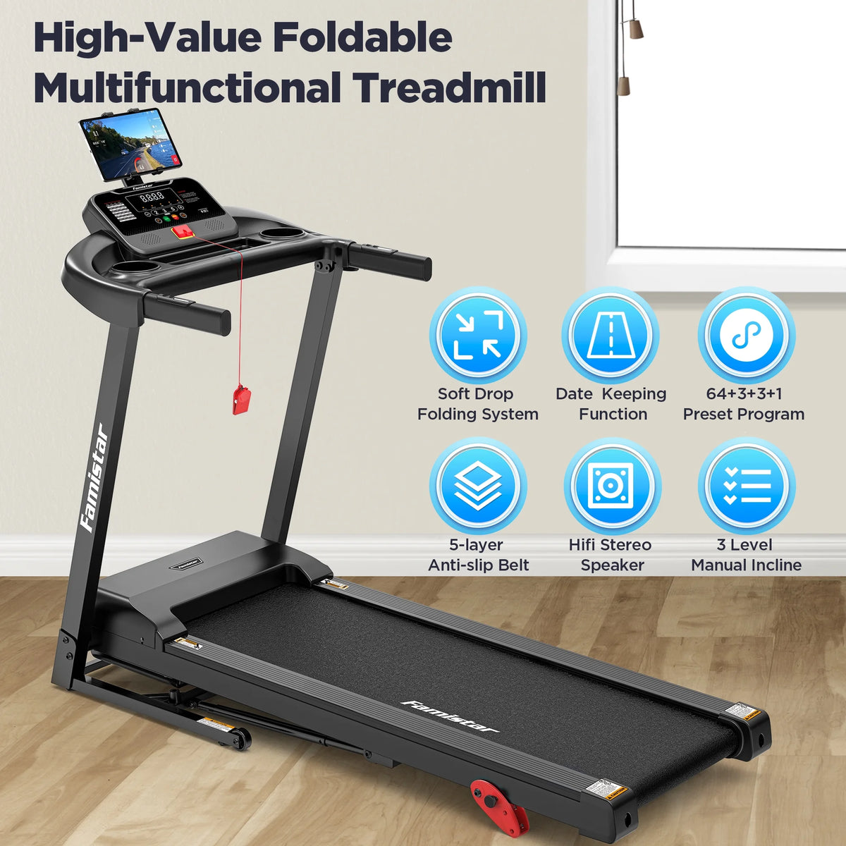 Tapis de course pliable avec inclinaison, tapis de course 3,5 CV pour la maison avec capacité de 330 lb, 71 programmes