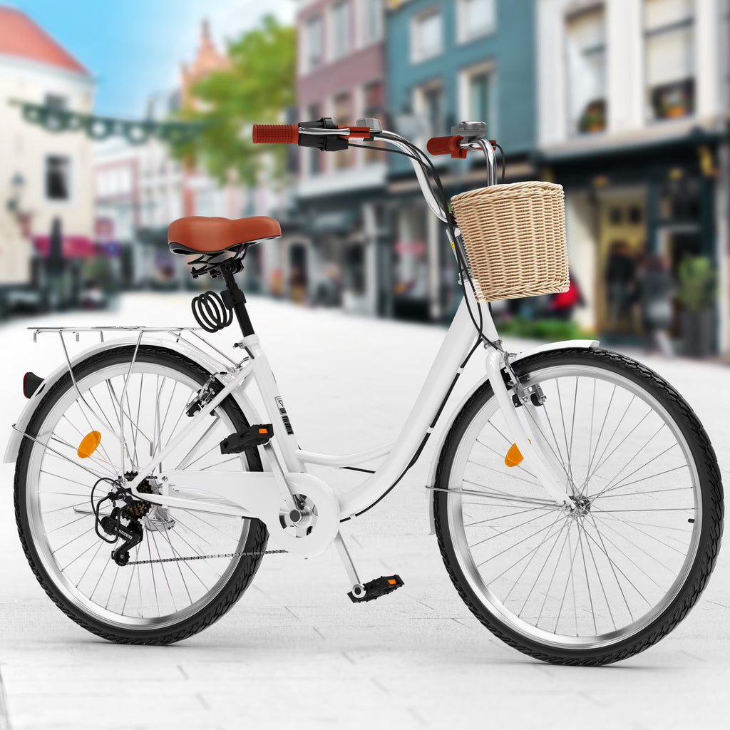 Vélo de plage Dextrus 26 pouces pour femme - Vélo urbain 7 vitesses pour adultes - Vélo pour femme avec selle réglable en blanc
