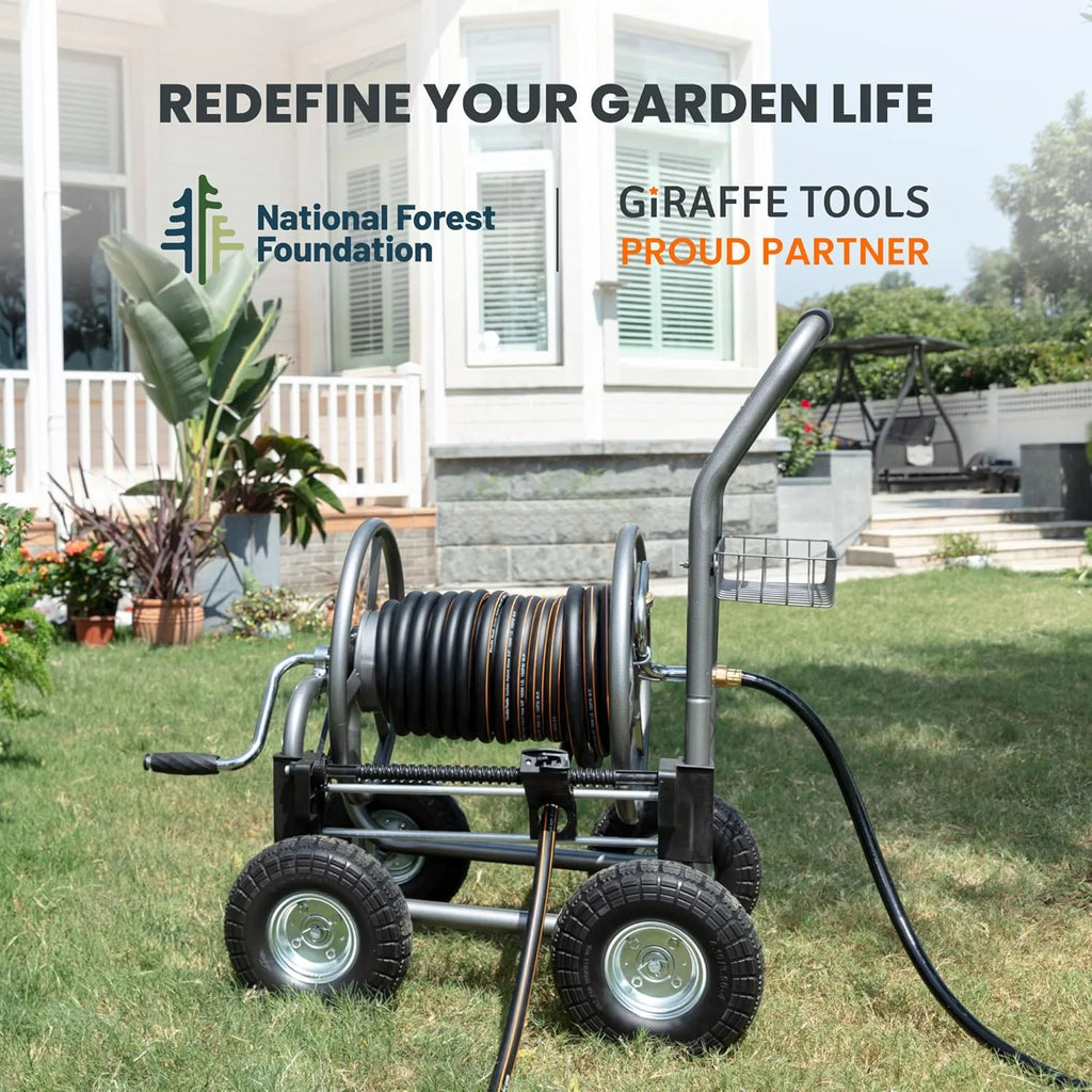 Chariot dévidoir de tuyau d'arrosage industriel robuste Giraffe Tools avec roues, capacité de 76 m (250 pi) pour tuyau de 16 mm (5/8 po)