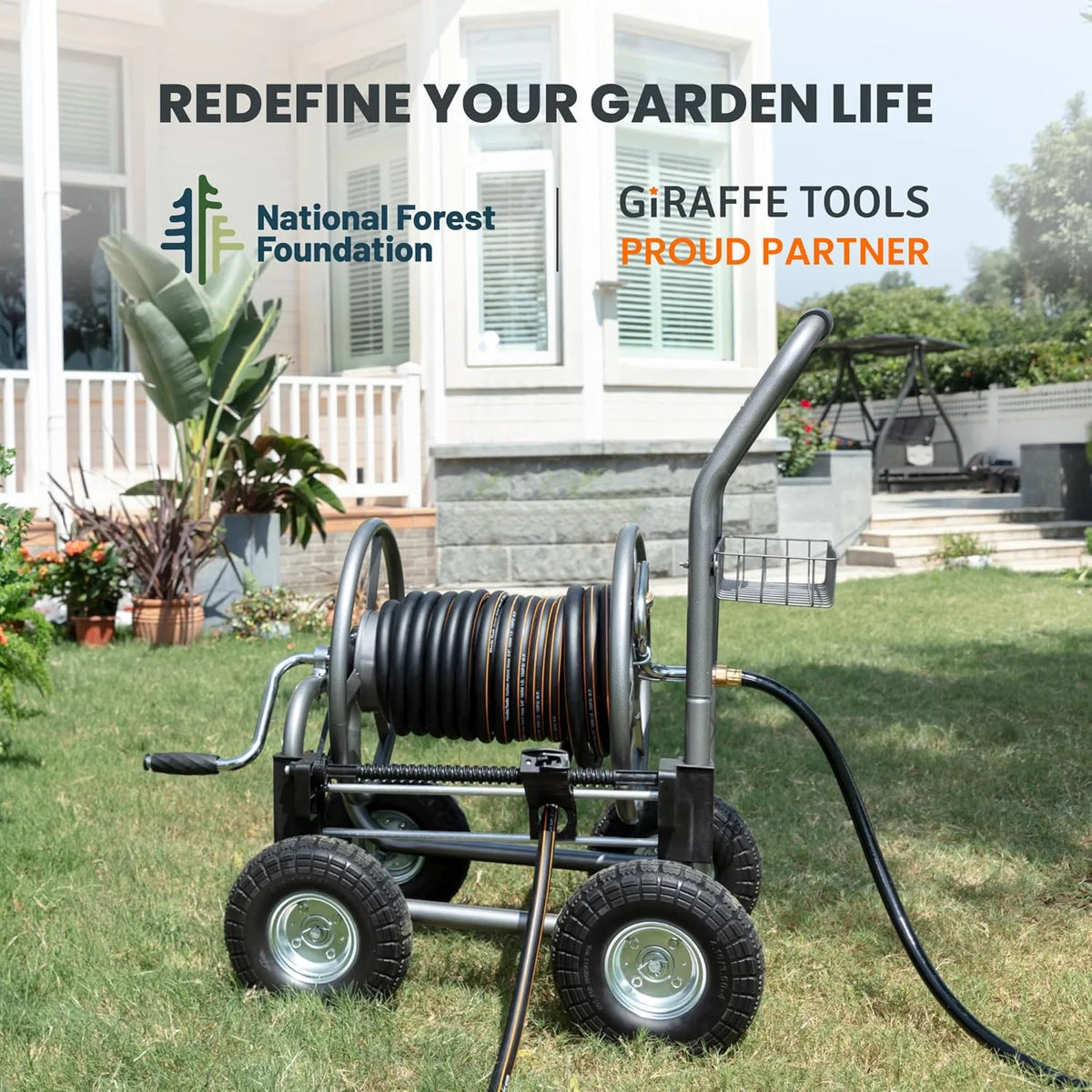 Chariot dévidoir de tuyau d'arrosage industriel robuste Giraffe Tools avec roues, capacité de 76 m (250 pi) pour tuyau de 16 mm (5/8 po)