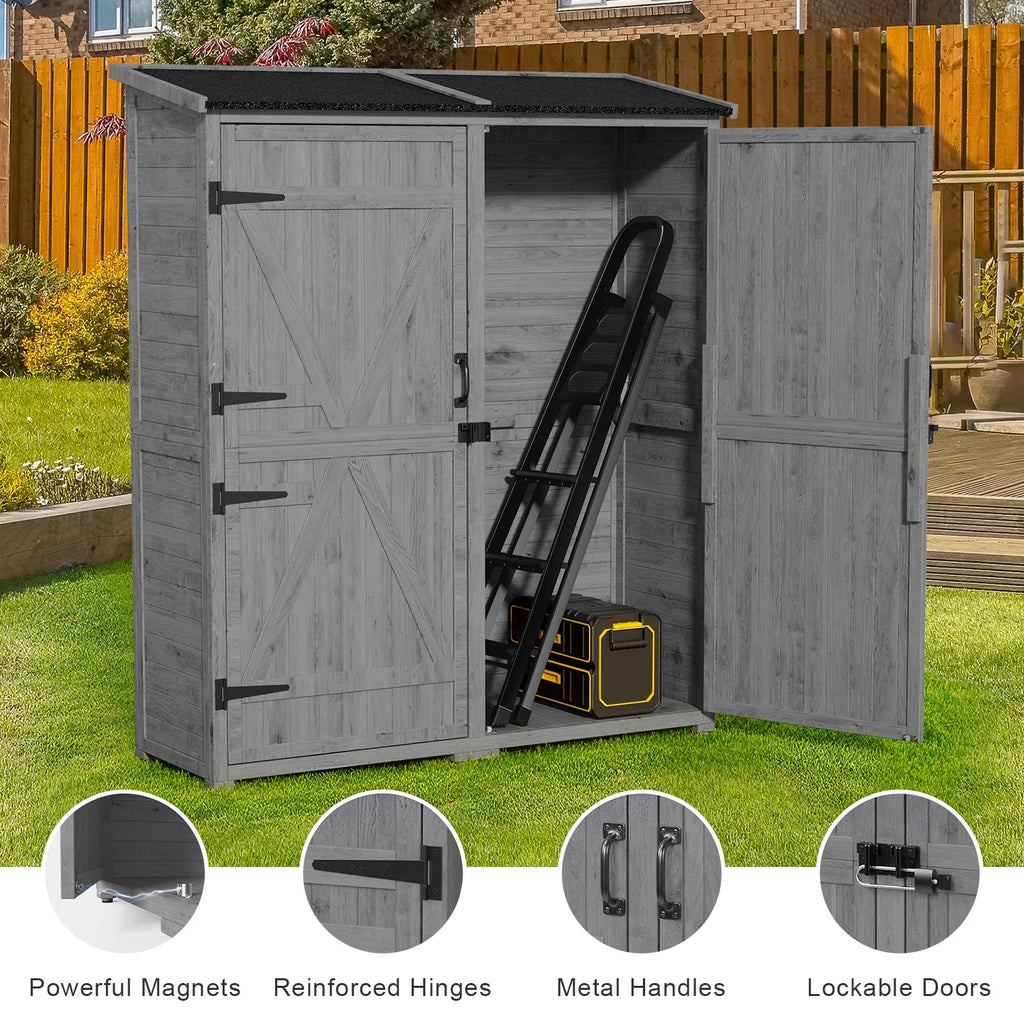 Abri de rangement extérieur large Aiho 55 avec portes doubles verrouillables - Abri de jardin résistant aux intempéries pour terrasse, jardin et pelouse, gris
