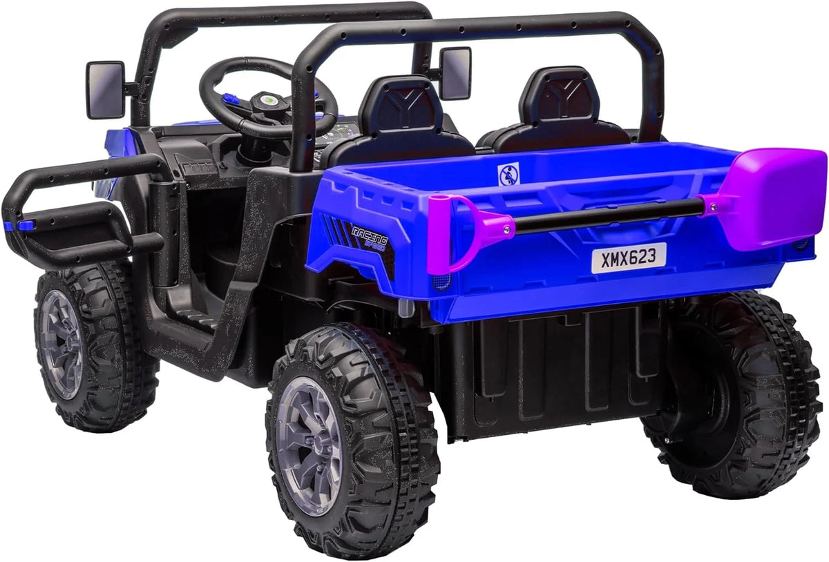 Xuanlur Voiture électrique pour enfants 24V 2 places, UTV avec moteur 2x200W, Jouet électrique 24 volts avec benne/pelle, Voiture électrique pour enfants avec pneus résistants, lumière LED, musique, télécommande, noire