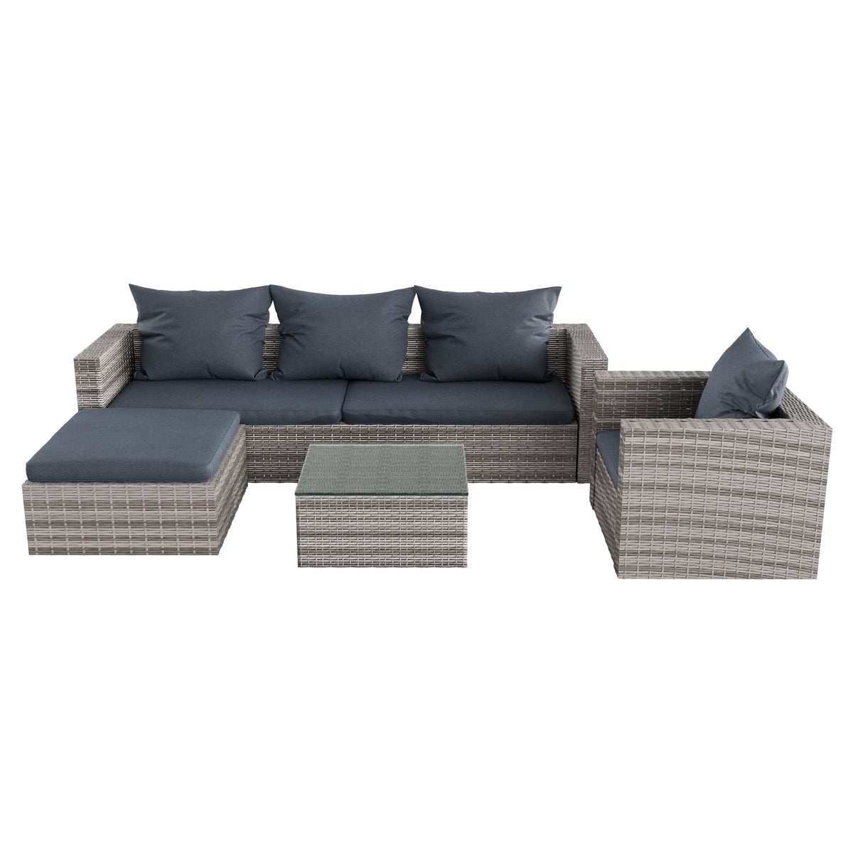 Ensemble de canapés de jardin en rotin, 4 pièces, salon d’angle d’extérieur en résine tressée PE résistante aux intempéries, ensemble de conversation avec coussins et table en verre pour terrasse, jardin, bord de piscine ou deck