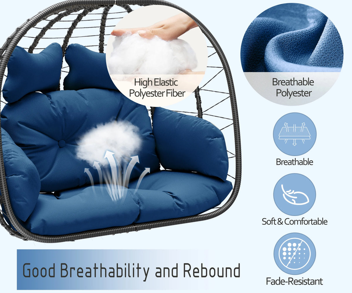 Bifanuo Fauteuil œuf balancelle double en osier, canapé suspendu pliant avec support, coussins amovibles résistants aux UV, capacité de 700 lb pour chambre, balcon (noir et beige)