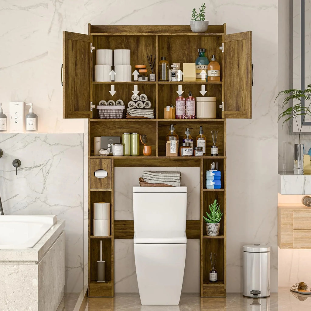 Meuble de rangement Vabches au-dessus des toilettes avec porte-papier toilette, avec étagère réglable et 2 portes