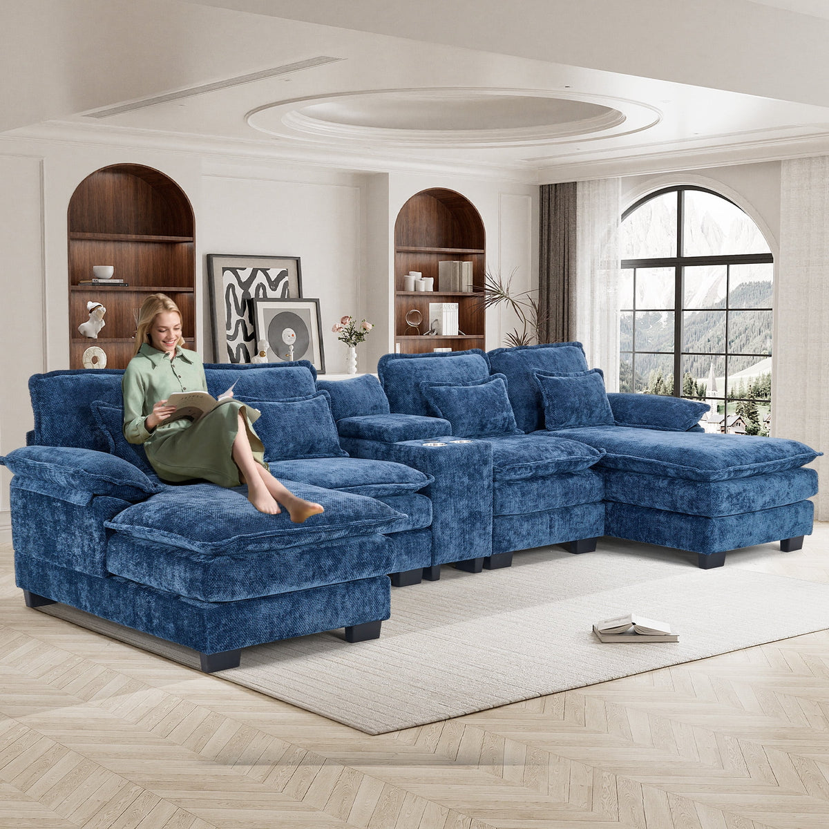 Canapé modulable en U Wiilayok Cloud Couch, méridienne double extra profonde de 124 cm en chenille duveteuse, console centrale avec ports USB-C et A doubles, gris tempête