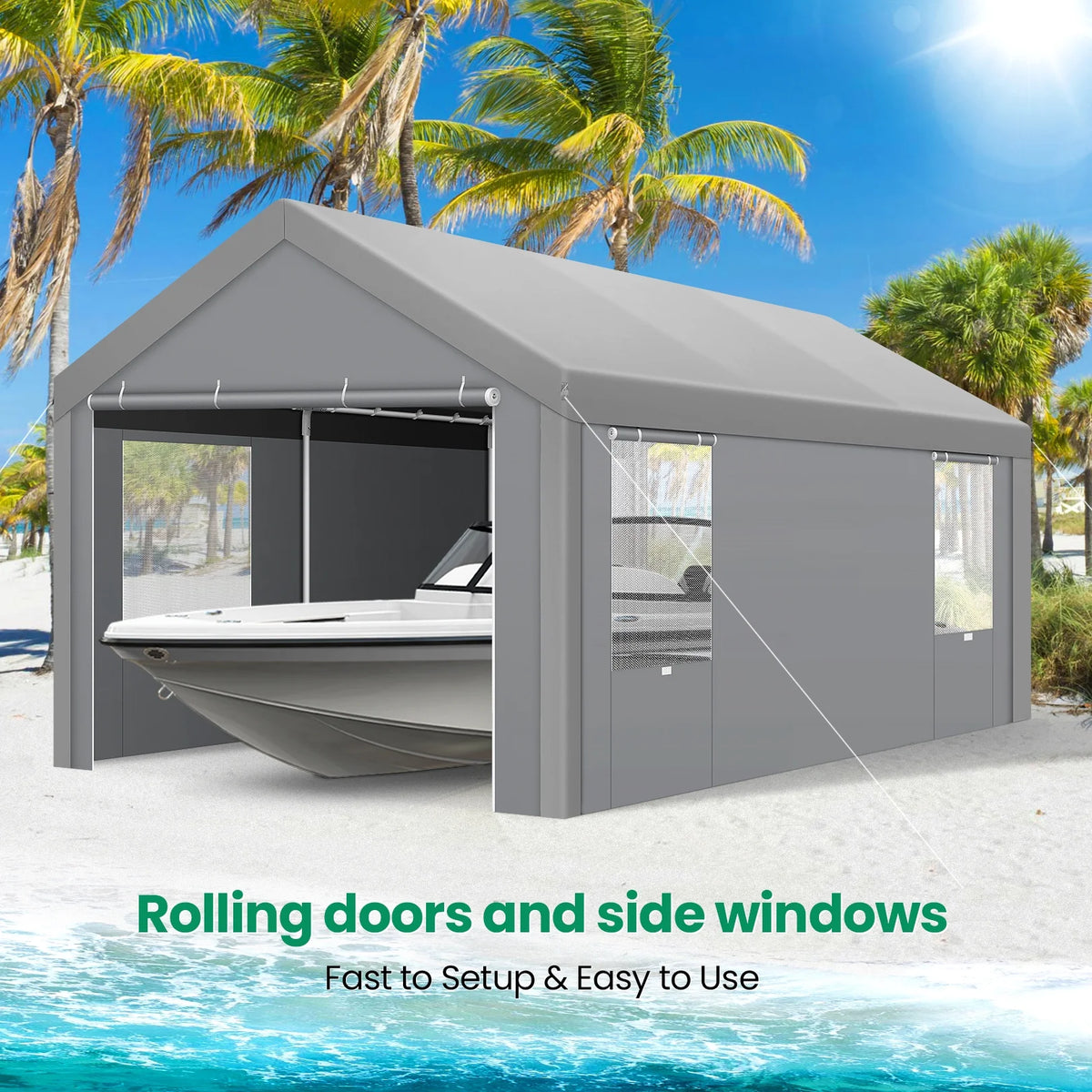 COBIZI Carport 10'x20' Grande tente pour voiture robuste avec structure en acier thermolaqué, garage portable avec parois latérales et portes amovibles, auvent pour voiture avec bâche toutes saisons pour fête en plein air, anniversaire, gris