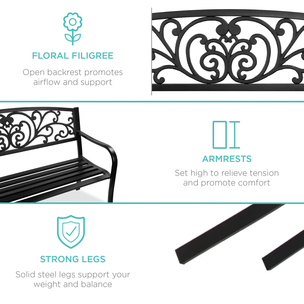 Best Choice Products Banc en Acier d'Extérieur Jardin Patio Porche Meuble avec Dossier à Motif Floral - Noir