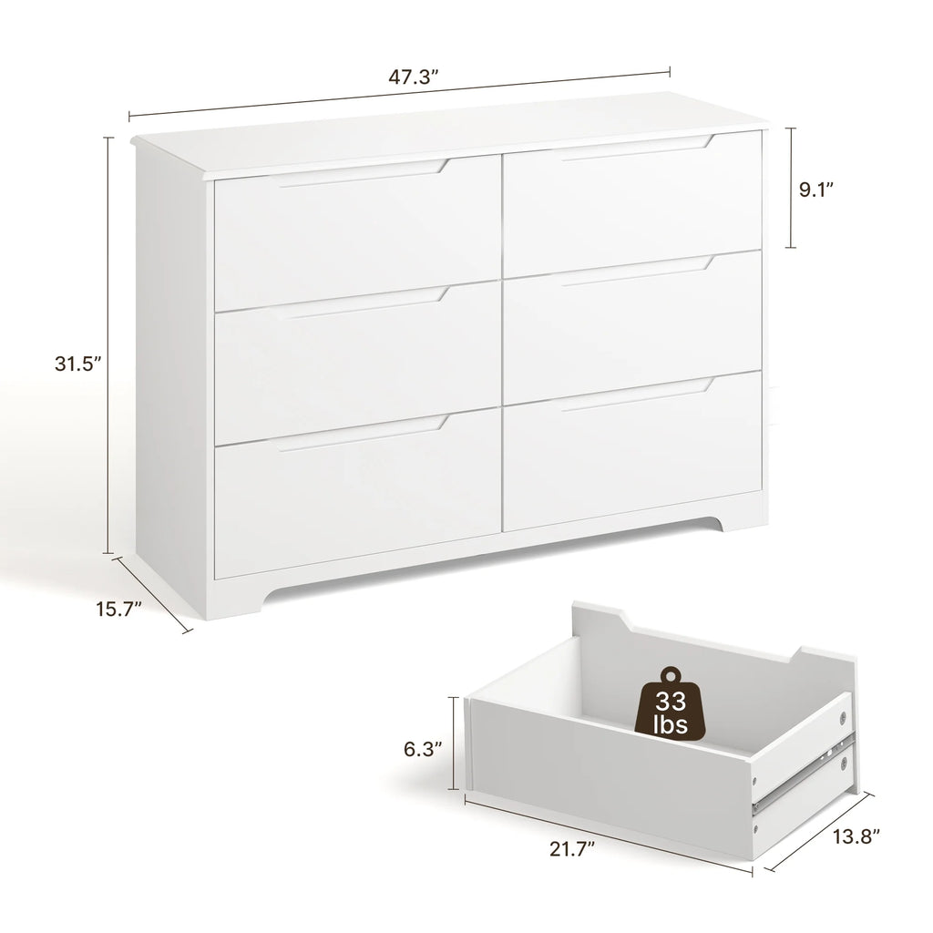 Commode pour chambre, commode double Lofka à 6 tiroirs avec poignées découpées, grande capacité de rangement, dispositif anti-basculement, commode moderne en bois, glissières métalliques fluides, blanc