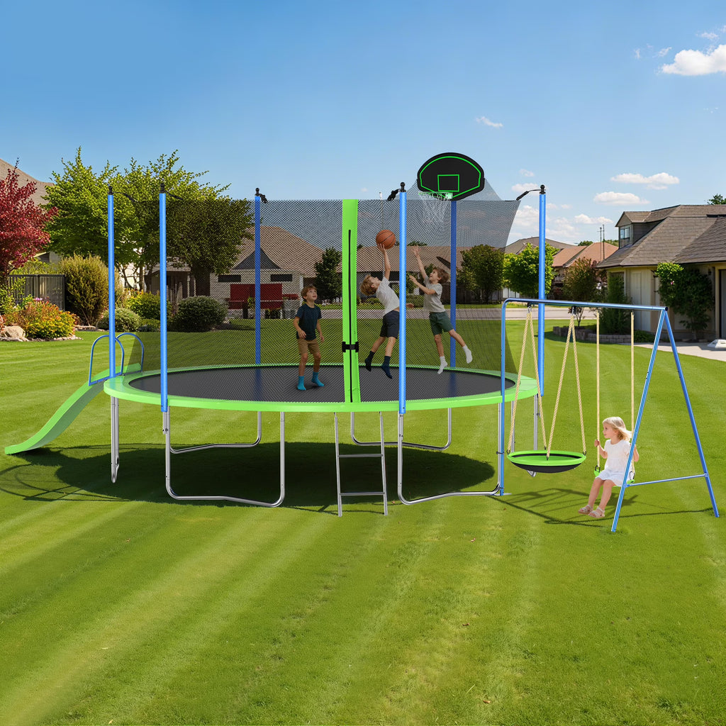 Trampoline de 12 pieds avec toboggan, balançoires, trampoline récréatif SEGMART avec panier de basket et échelle, trampoline d’extérieur robuste pour jardin avec filet pour enfants et adultes, vert