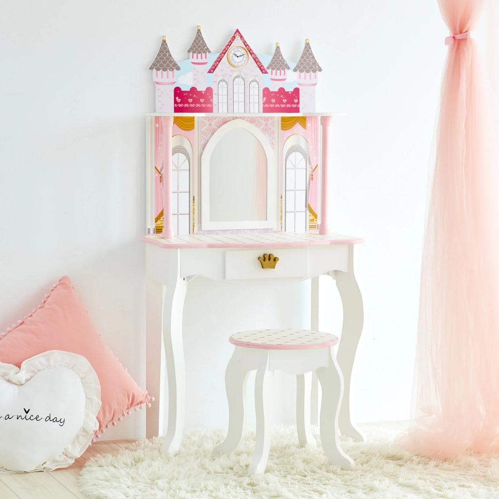 Ensemble coiffeuse et tabouret pour enfant Fantasy Fields au design de château, rose