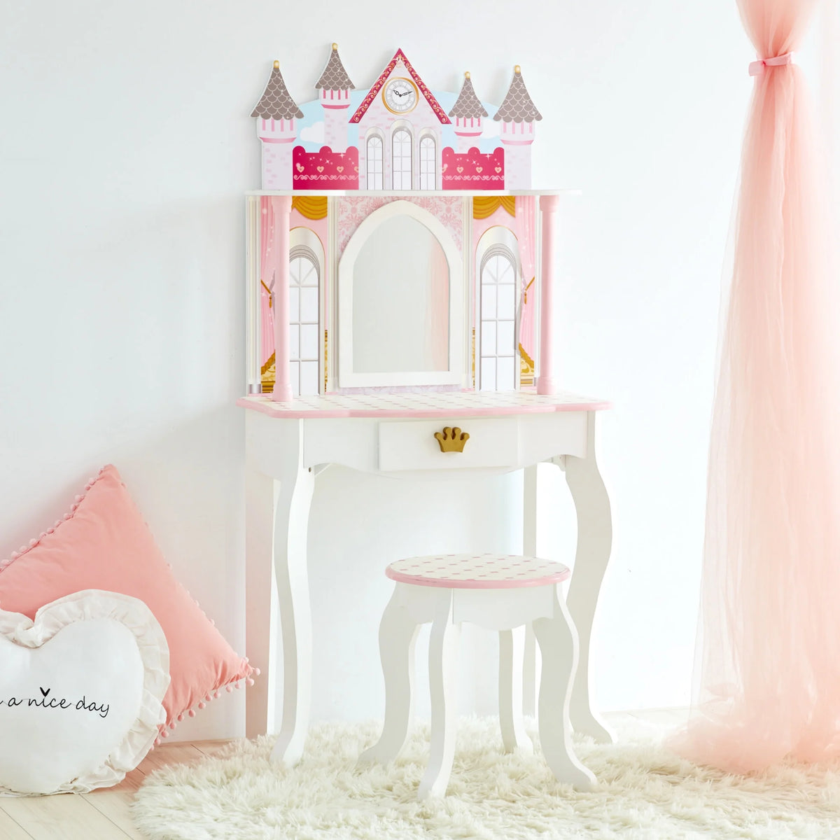 Ensemble coiffeuse et tabouret pour enfant Fantasy Fields au design de château, rose