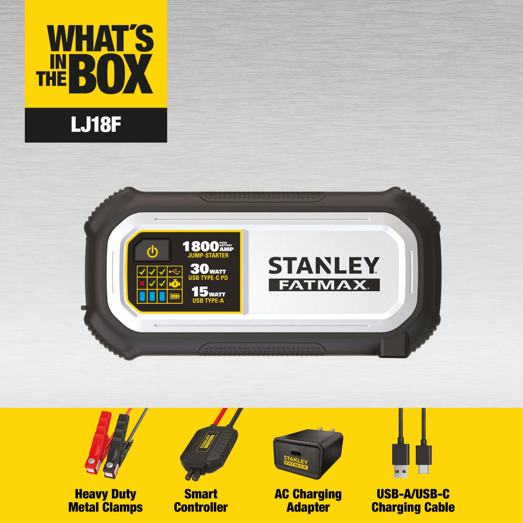 Booster de batterie au lithium Stanley FatMax 1800A avec entrée/sortie USB-C PD 30W et sortie USB-A 15W, pinces incluses