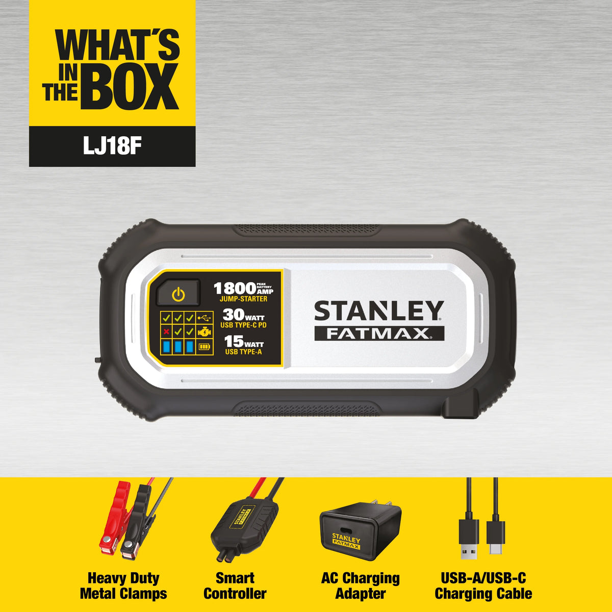 Booster de batterie au lithium Stanley FatMax 1800A avec entrée/sortie USB-C PD 30W et sortie USB-A 15W, pinces incluses