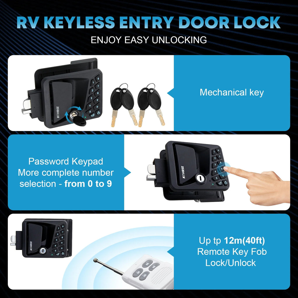 Kohree Serrure de porte de camping-car avec accès sans clé, Remplacement de serrures de porte de camping-car avec clavier et télécommande pour loquet de porte de caravane, camping-car et remorque de voyage