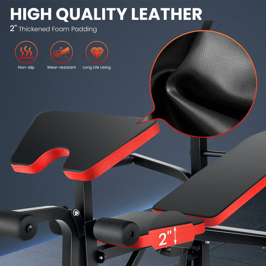 VIBESPARK Banc de musculation réglable 600 lbs Ensemble de banc de musculation pliable 5-en-1 avec Rack à barre, Extension jambes, Pupitre à biceps, Accessoire d'écarté aux haltères, Banc de musculation multifonction