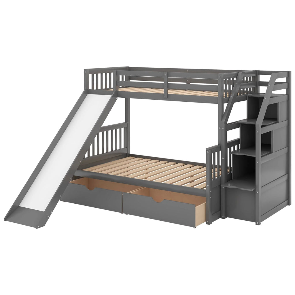 Lit superposé Euroco Wood avec lit simple au-dessus et lit double en dessous, tiroirs et toboggan, gris