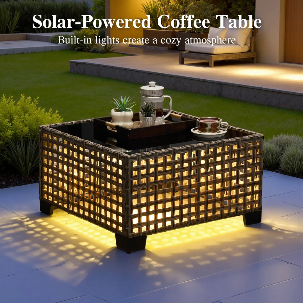 Ovios Salon de jardin modulable moderne en résine tressée toutes saisons à dossier haut, 10 pièces, avec table brasero au propane et fauteuil pivotant, gris foncé