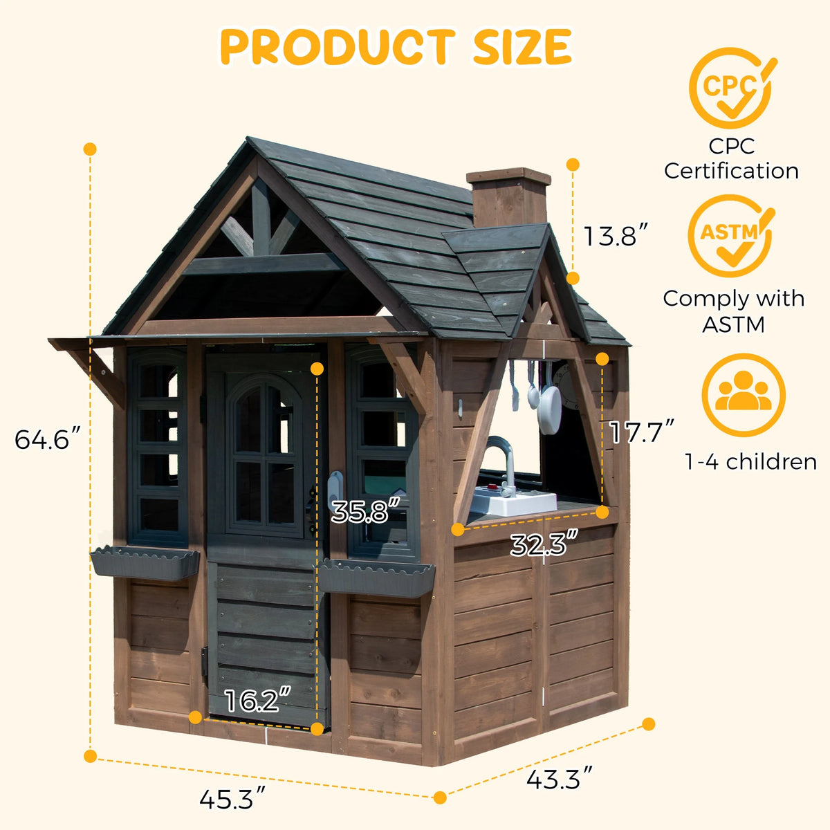COCLUB Maison de jeu d’extérieur pour enfants de 4 à 8 ans, maison en bois avec sonnette, téléphone et jouets de cuisine, équipement de jeu extérieur pour enfants, maison pour filles (45L x 65H), blanc et noir
