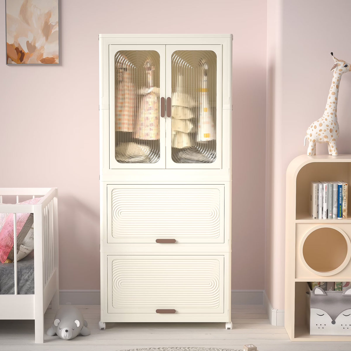 Penderie portable pour enfants Montary avec portes magnétiques et tringle – Meuble de rangement en plastique à 4 casiers pour chambre d'enfant