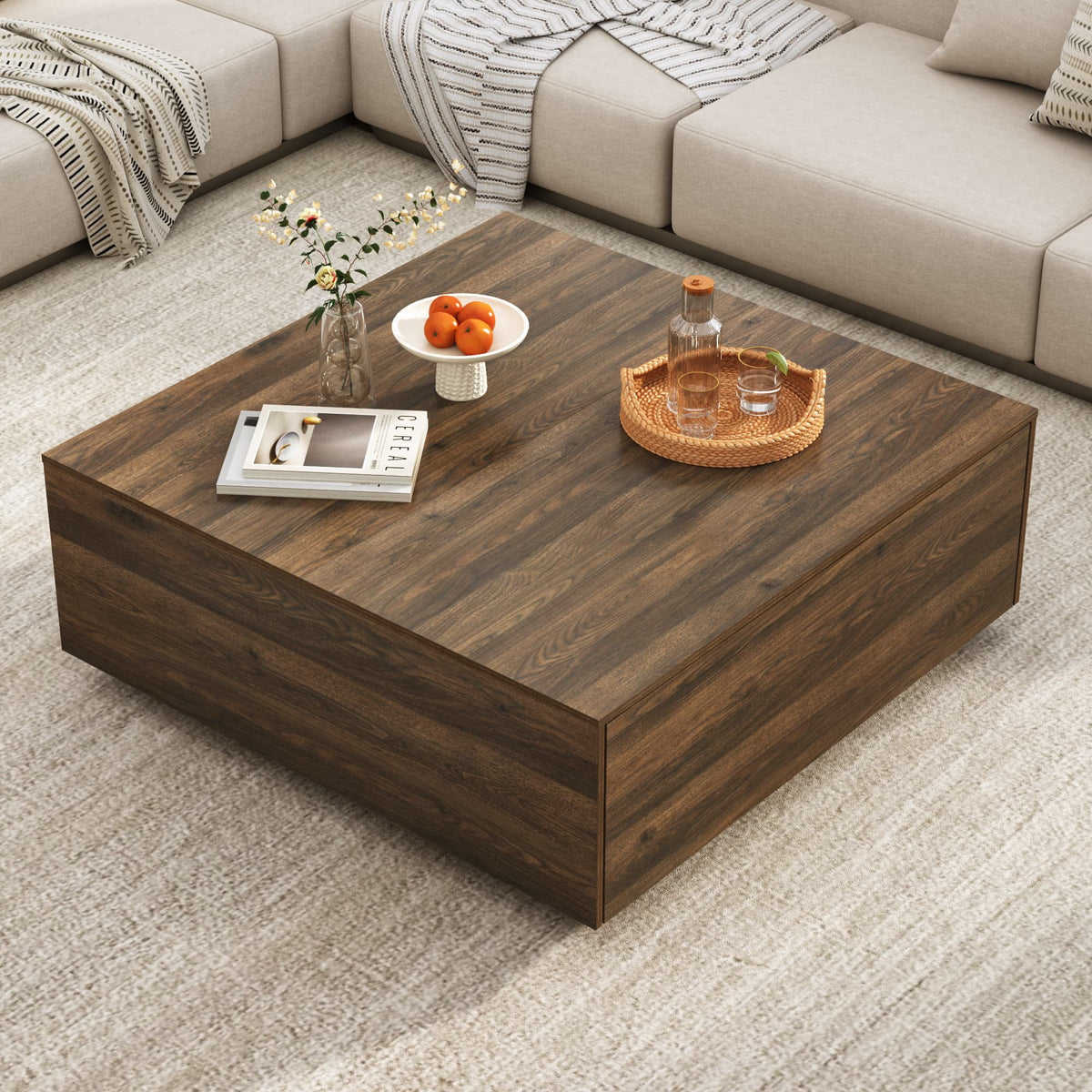 Table basse carrée Blotout avec 2 grands tiroirs, table basse Mid-Century Modern de 43 avec rangement, table basse en bois, table de salon avec rangement, grain de bois