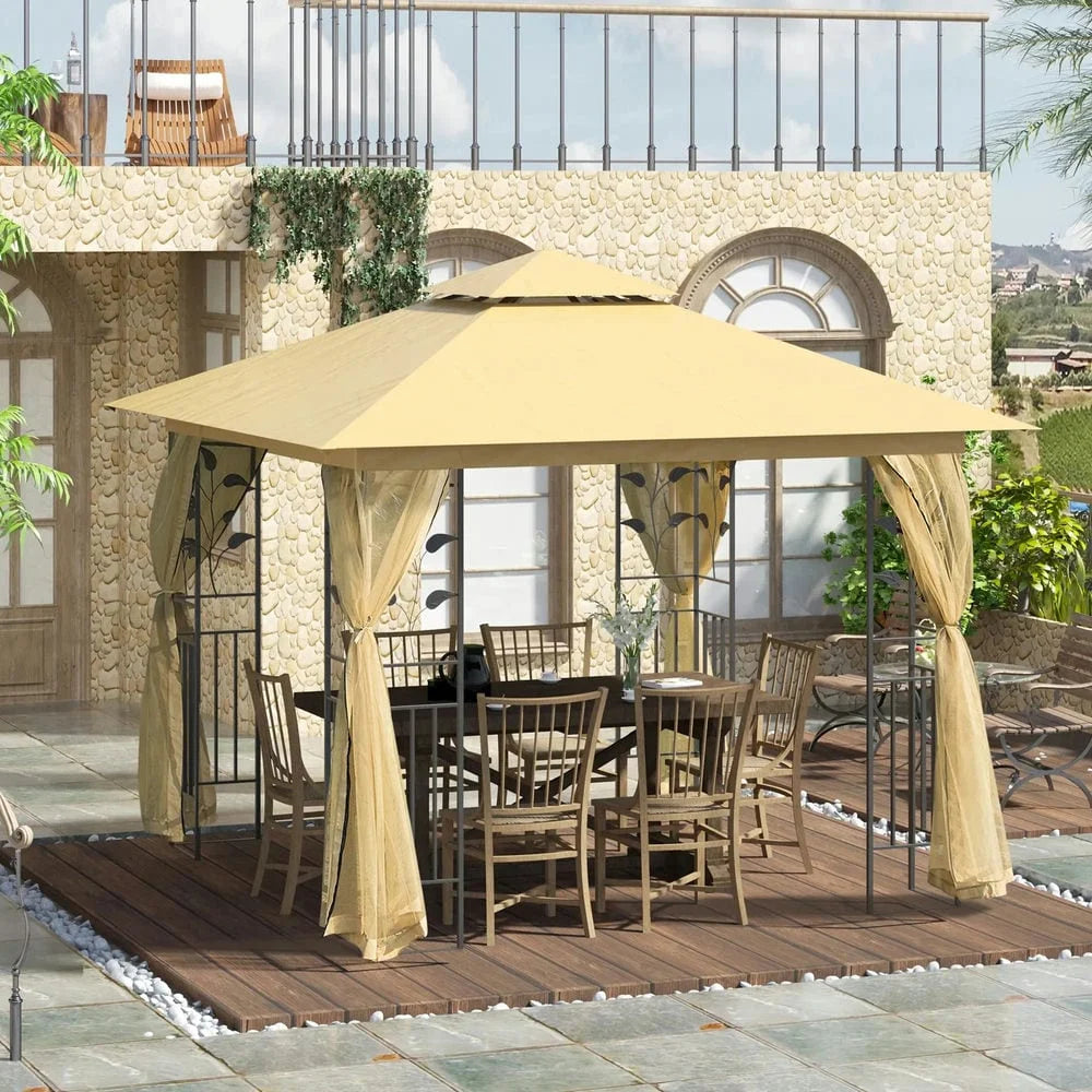 GVN Pergola de jardin pour terrasse, Auvent de pergola, Abri de jardin extérieur avec double toit de 10' x 10' et filet, Beige