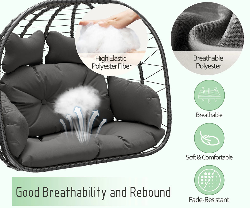 Bifanuo Fauteuil œuf balancelle double en osier, canapé suspendu pliant avec support, coussins amovibles résistants aux UV, capacité de 700 lb pour chambre, balcon (noir et beige)