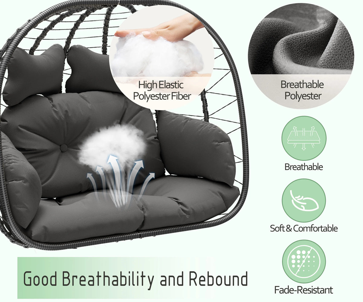 Bifanuo Fauteuil œuf balancelle double en osier, canapé suspendu pliant avec support, coussins amovibles résistants aux UV, capacité de 700 lb pour chambre, balcon (noir et beige)