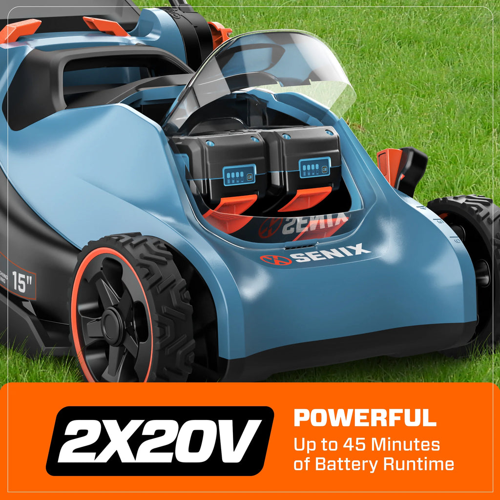 Tondeuse à gazon sans fil SENIX 40V à moteur sans balais, plateau de 18 po, lame de coupe de 17 po, fonction 2-en-1 broyage et ramassage, réglage en 6 positions, LPPX2-M5