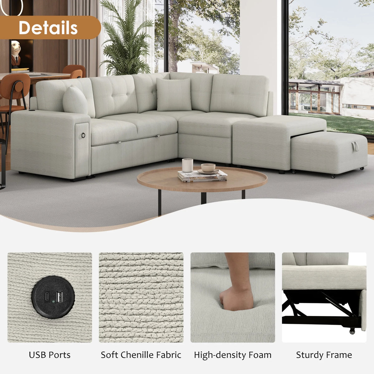 Canapé-lit modulable 87 avec lit gigogne, canapé convertible en L avec pouf, ports USB et deux porte-gobelets pour salon, appartement, chambre, gris