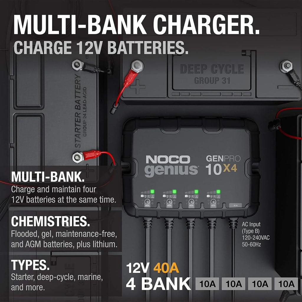 NOCO Genius GENPRO10X4 : Chargeur et mainteneur de charge 12 V à 4 canaux, 40 A (10 A/canal) pour batteries embarquées