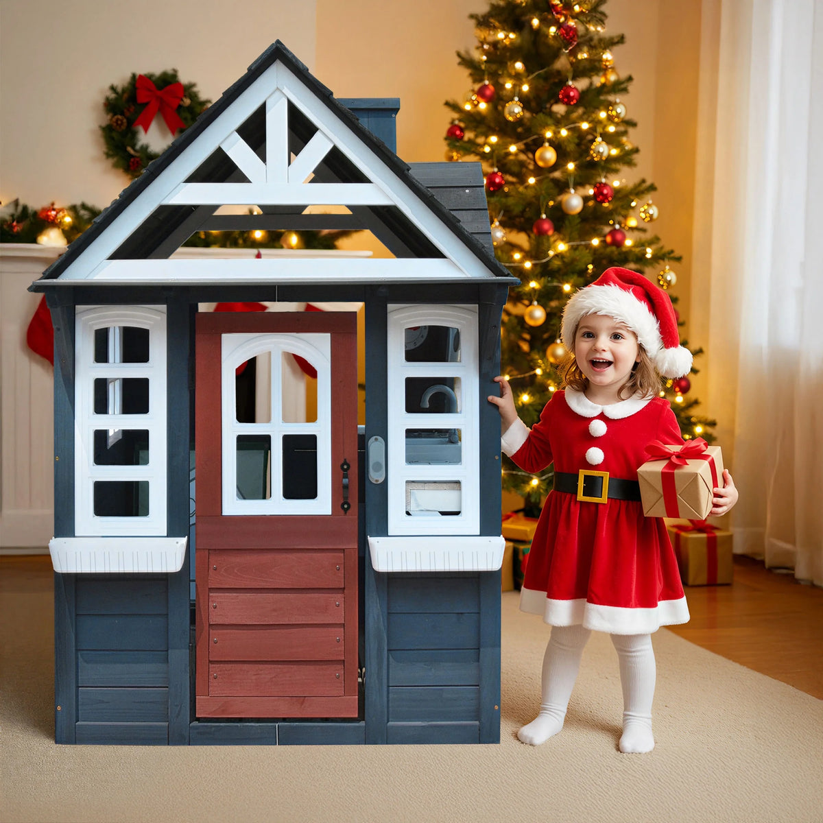COCLUB Maison de jeu d’extérieur pour enfants de 4 à 8 ans, maison en bois avec sonnette, téléphone et jouets de cuisine, équipement de jeu extérieur pour enfants, maison pour filles (45L x 65H), blanc et noir